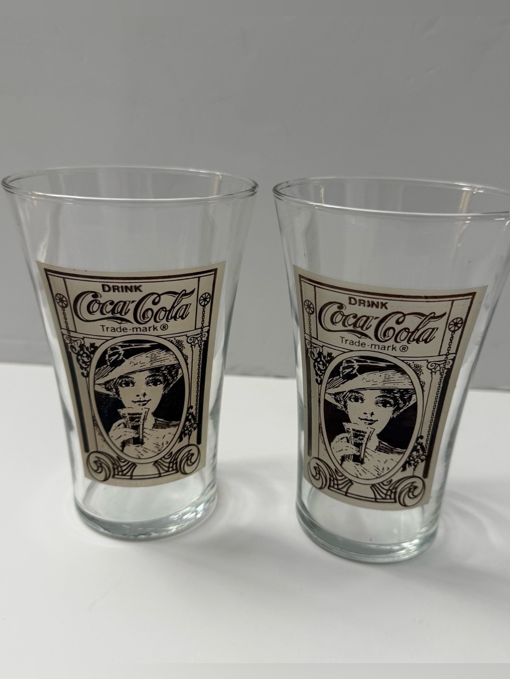 Vintage Coca-Cola Reproduction 16 oz Drinking Glasses Set of 2 Clear Brown Print